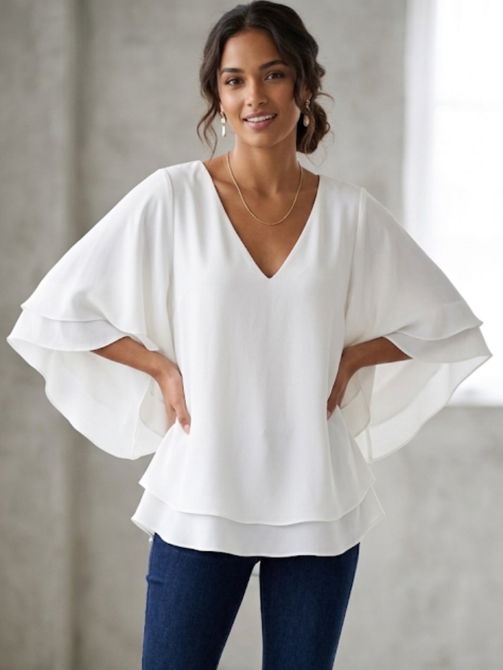 Ralph Lauren Black Label 100% Silk Angel Cape Sleeve V-Neck Blouse Top Cream 4
U
